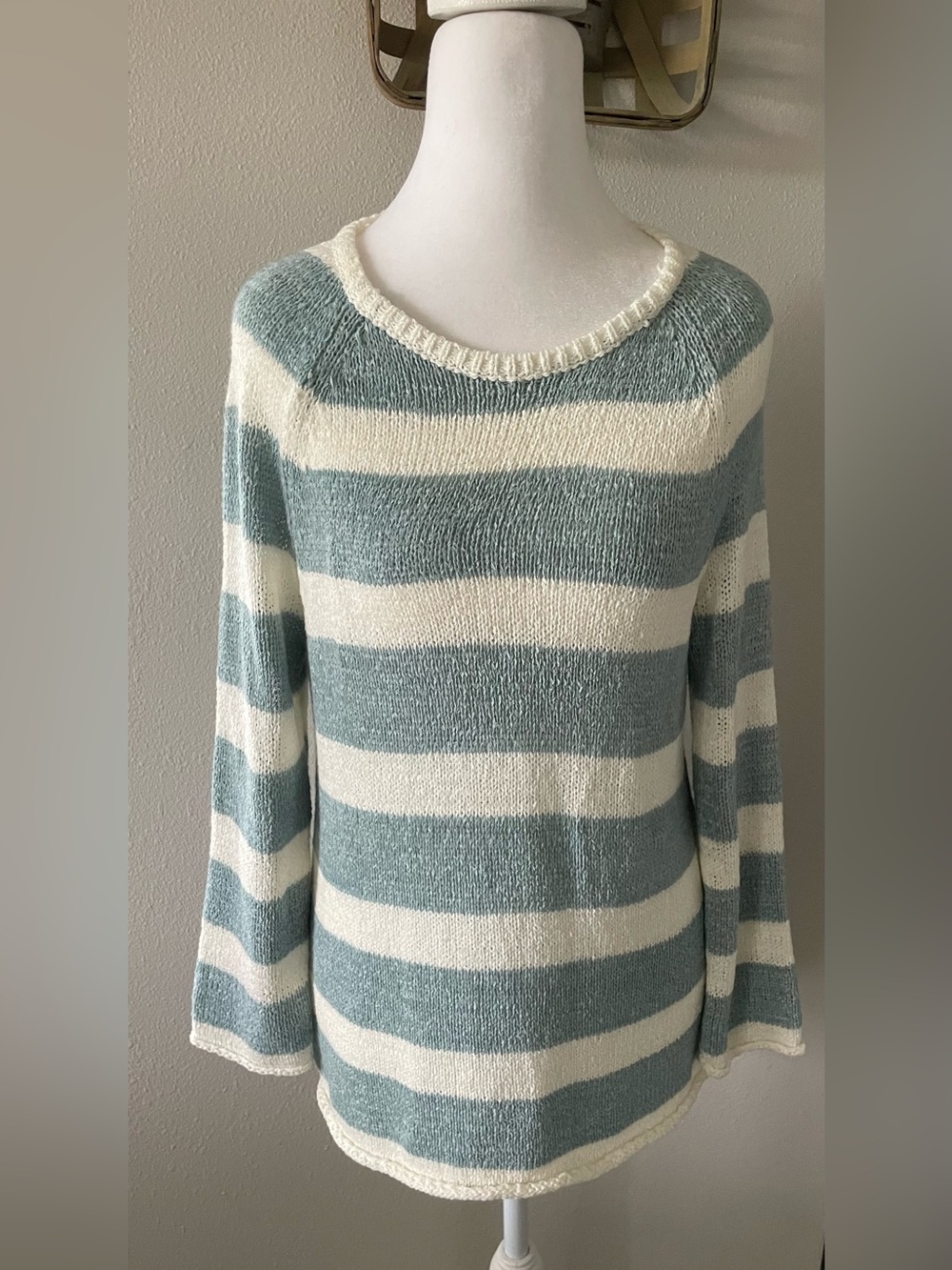 LOFT Striped Crewneck Knit Sweater Pastel Mint Green White
